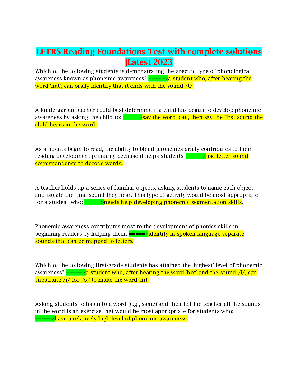Preview image for LETRS Reading Foundations Test with complete solutions |Latest 2023